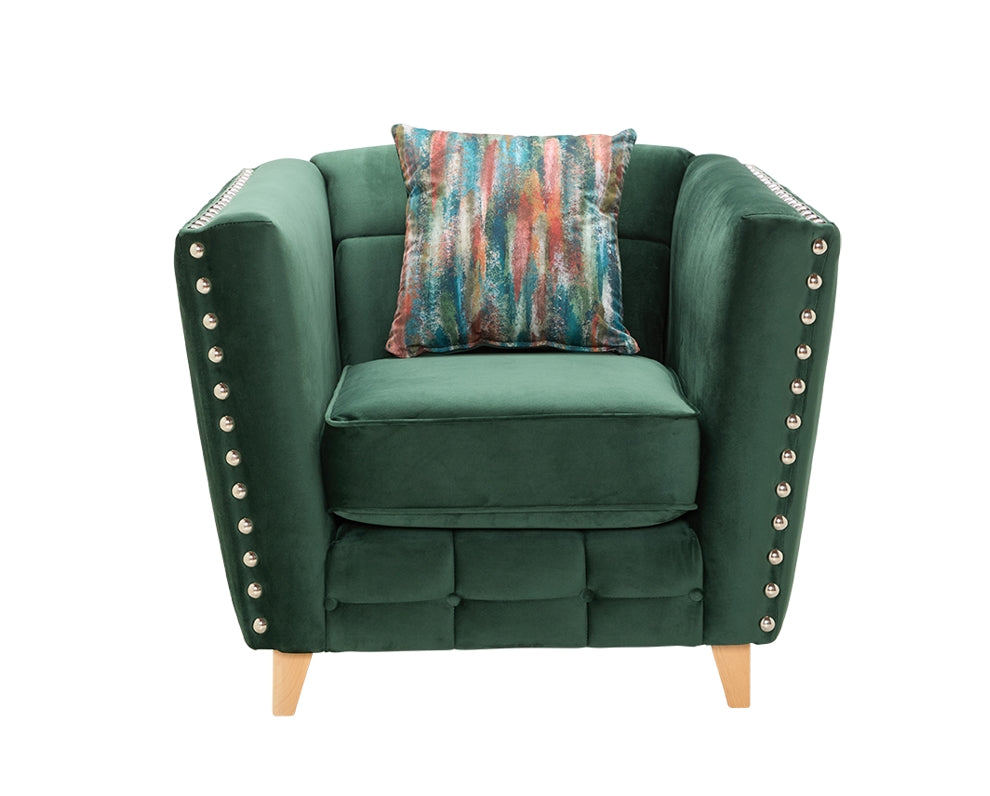 Nevada Armchair In Plush Emerald Fabric Silver Studs With Abstract Forest Scatters